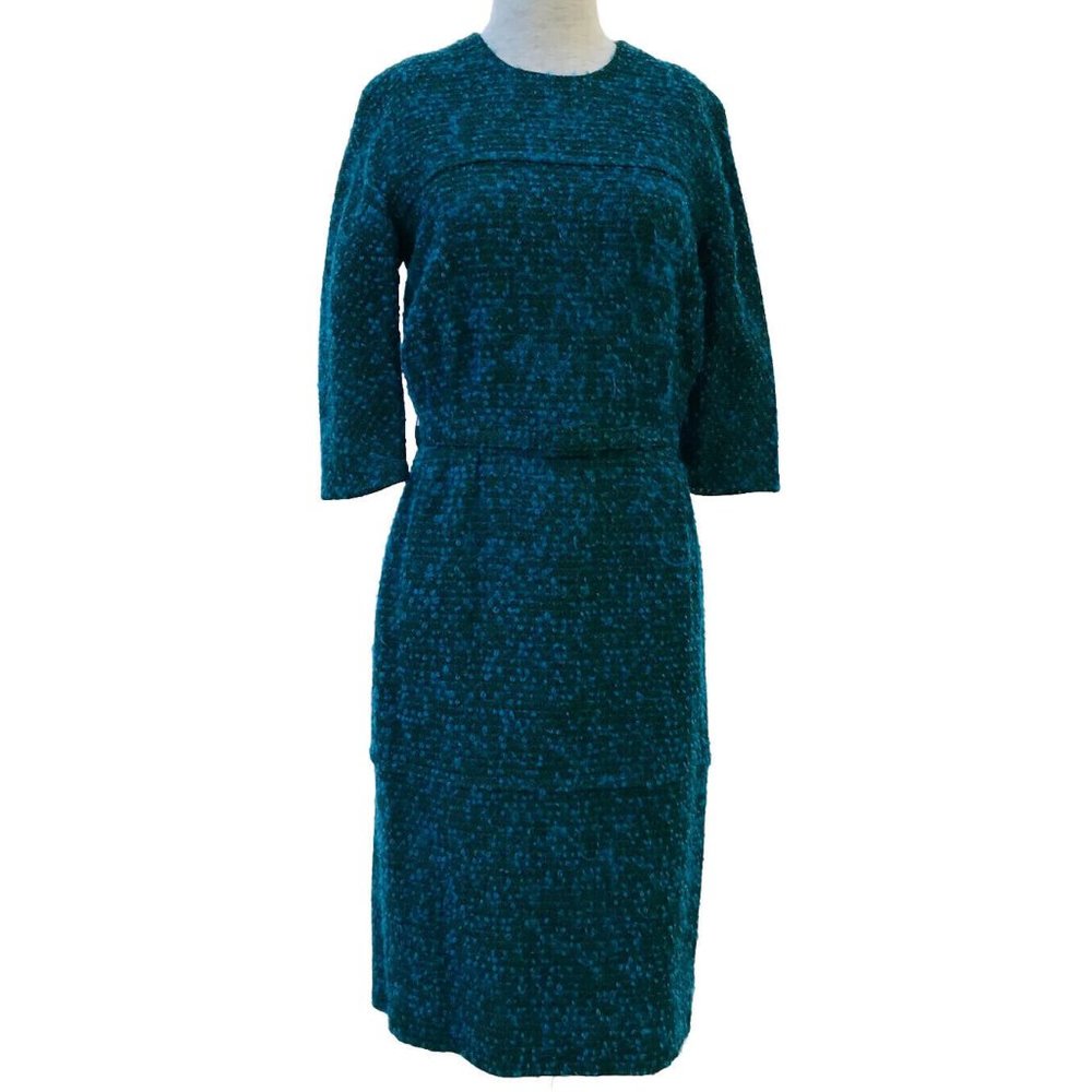 Aljean Blue Green Boucle 3/4 Sleeve Dress with Belt Vintage 1960s Made in Canada